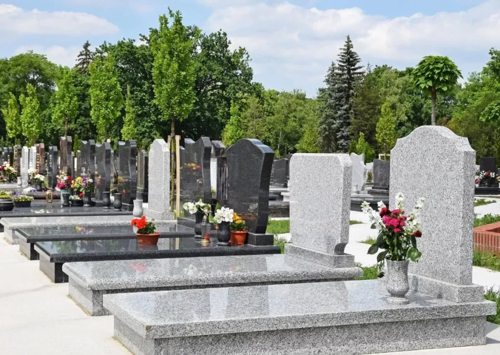 Allée de monuments funéraires et sépultures en granit dans un cimetière.