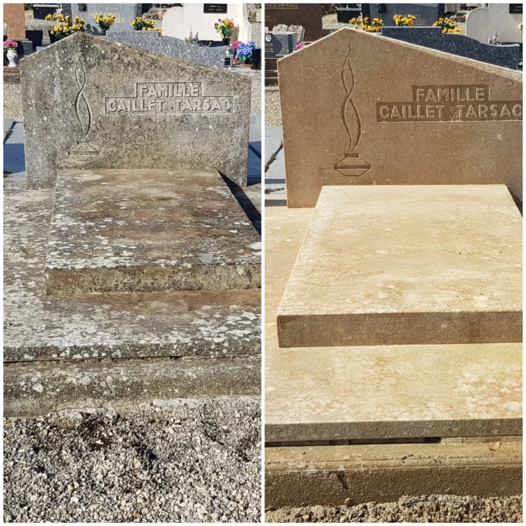 Avant et après le nettoyage et la rénovation complète d'une tombe ancienne.